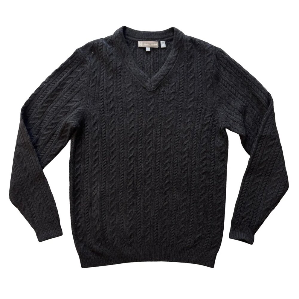 HICKEY FREEMAN 100% Cashmere Cable Knit V-neck Sweater in Black SZ M